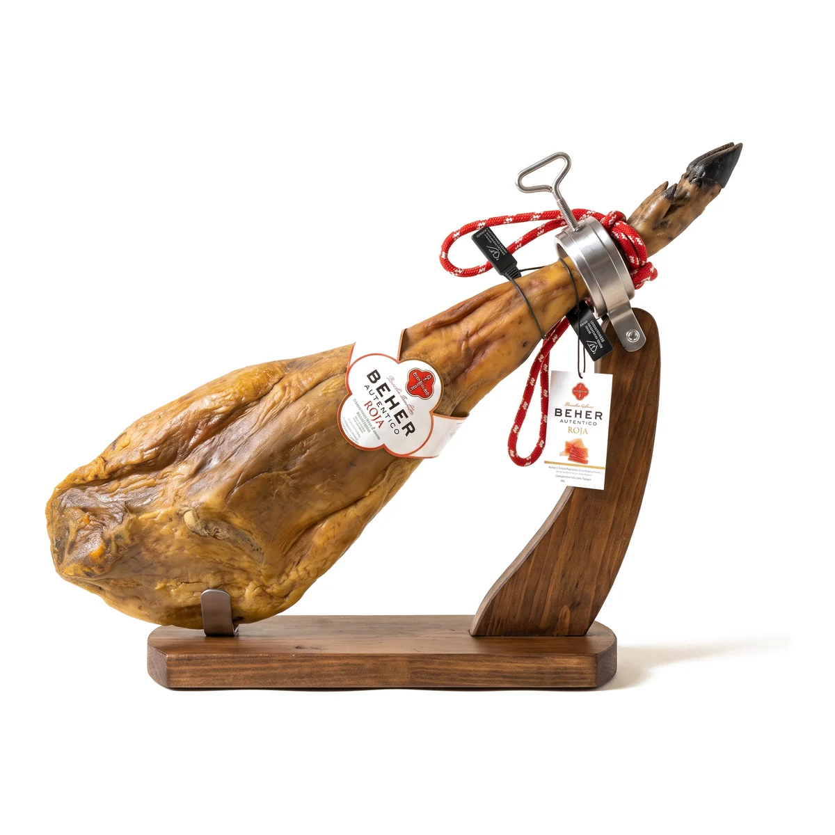 Beher 100% Ibérico Cebo de Campo Ham, Whole Bone-In 15–17 lb Beher Ibérico cebo de campo ham, whole and bone-in, on a wooden ham stand