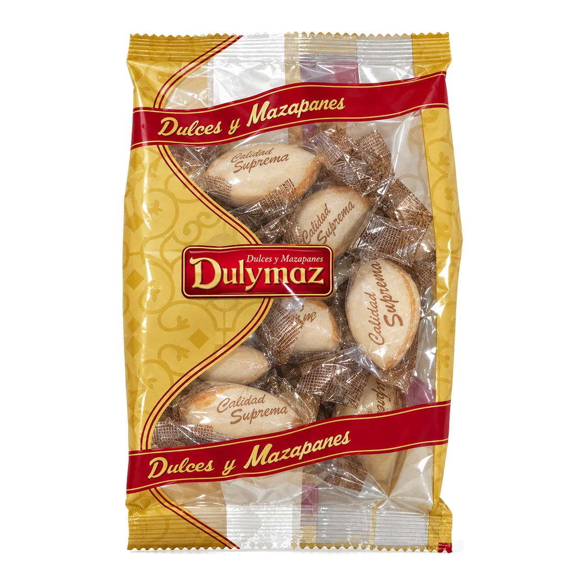 Almendras rellenas Dulymaz, obleas de mazapán, 4.9 oz Almendras rellenas Dulymaz, bolsa dorada de obleas de mazapán con forma de almendra envueltas una a una, 140 g