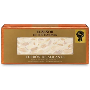 El Señor de los Jamones Turrón de Alicante, gold gift box with a window showing the hard almond nougat