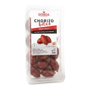 Goikoa Chorizo Bites, 3 oz clear tray of ready-to-eat mini Spanish chorizos