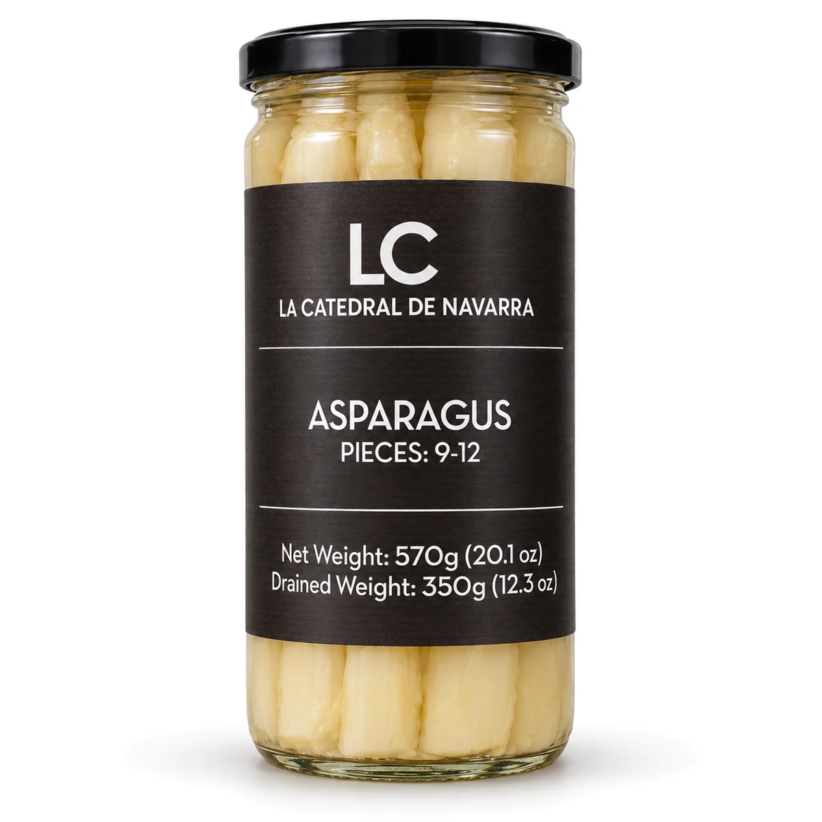 La Catedral de Navarra White Asparagus, 9-12 Pieces, 20.1 oz Jar La Catedral de Navarra tall glass jar of thick white asparagus, 9-12 pieces, 570 g
