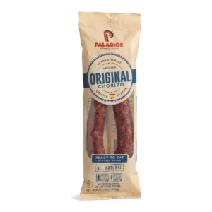 Palacios Original Chorizo horseshoe sausage in its kraft paper package, sweet and not spicy