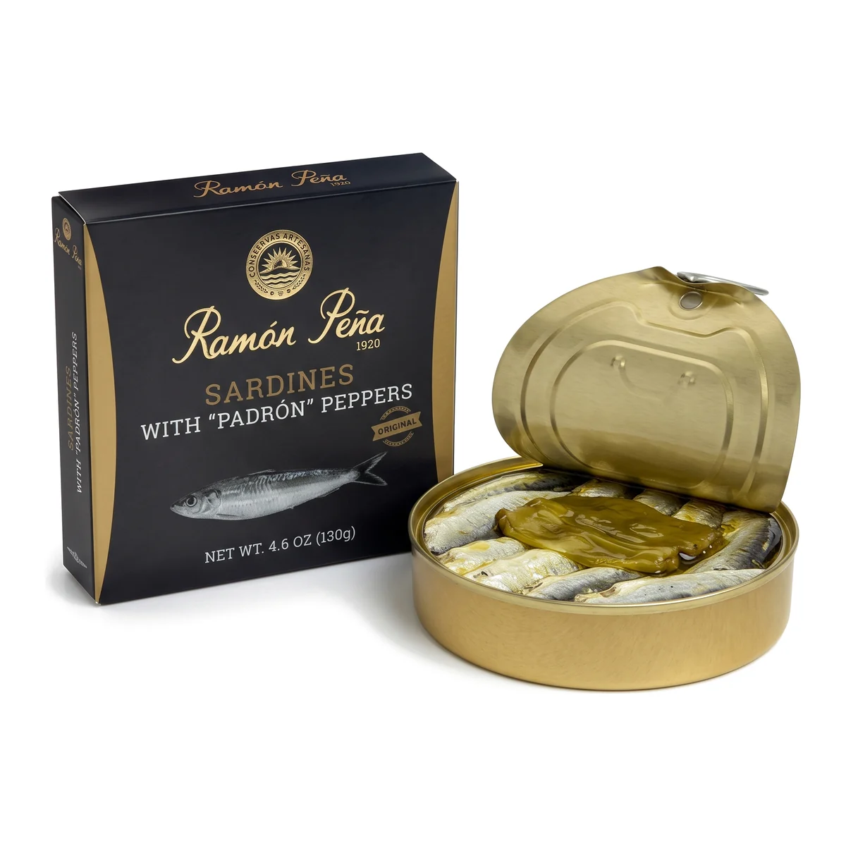 Ramón Peña Galician Baby Sardines with Padrón Pepper, Tin Ramón Peña Galician sardines with Padrón peppers: gift box and open tin