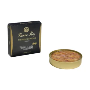 Ramón Peña Sardinas Guisadas Xoubas, black gift box and open round tin of sardines in sauce