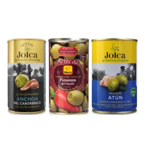 Jolca Classic Spanish Trio: three cans of olives stuffed with Cantabrian anchovy, piquillo pepper and tuna