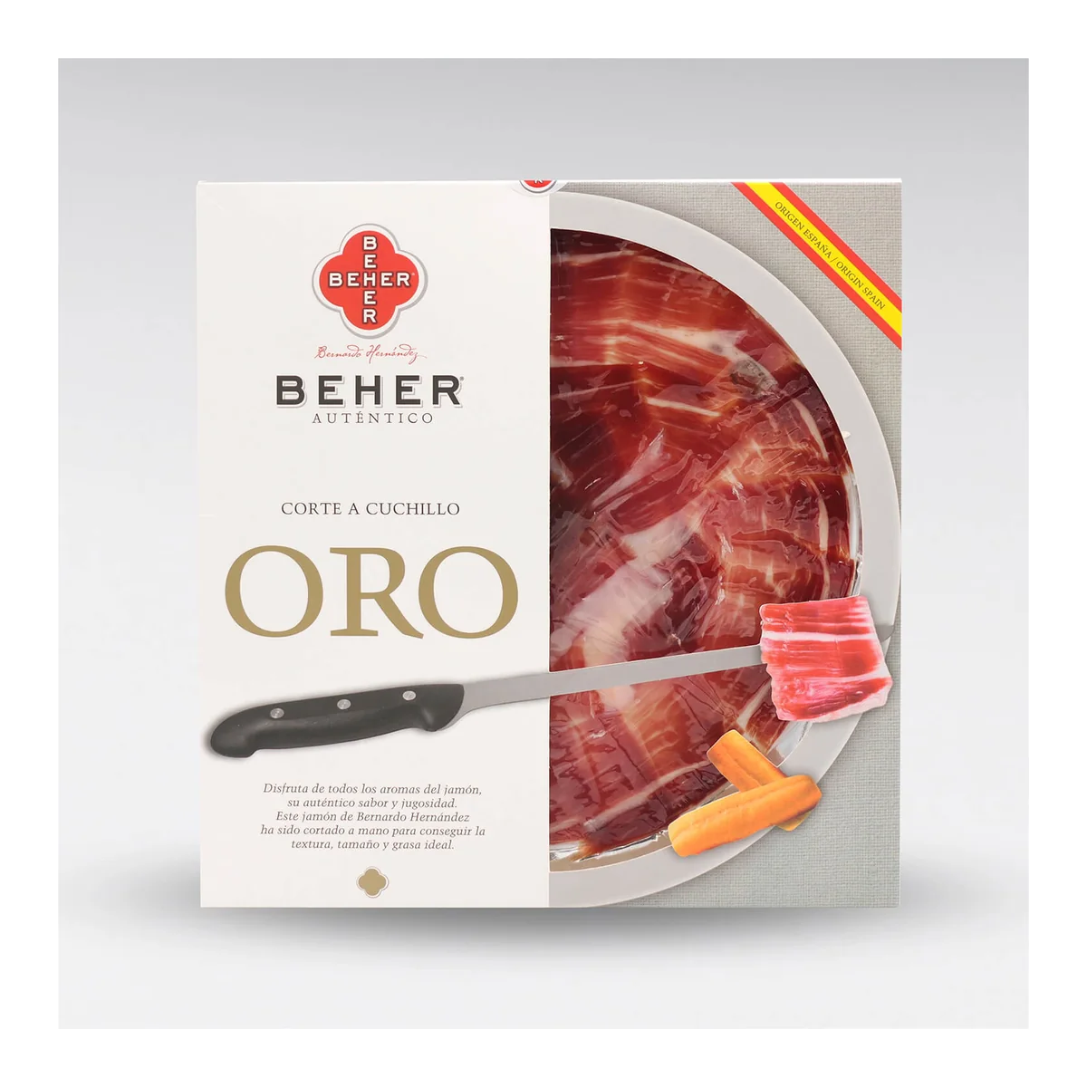 Jamón 100% Ibérico de Bellota Beher, lonchas cortadas a cuchillo 3.5 oz Jamón 100% ibérico de bellota Beher cortado a cuchillo, bolsa de 3.5 oz