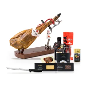 Beher Ibérico Ham Christmas Box with Stand, Knife & Turrón: everything in the box