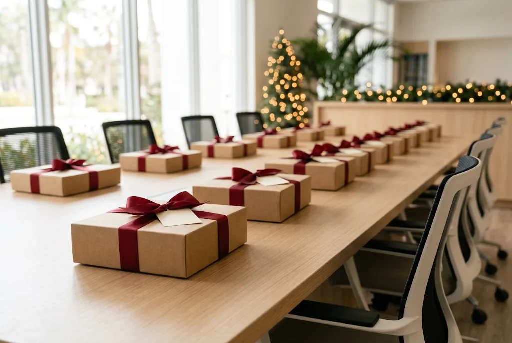 Corporate Gifts · Spanish ham for clients and teams A row of kraft Christmas gift boxes with red ribbon on a conference table