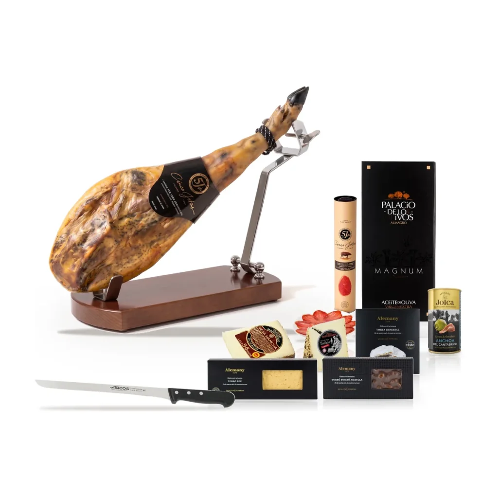 The Gift for Someone Who Has Everything: A Whole Spanish Ham Cinco Jotas Ham Christmas Box with Stand, Knife & Turrón: everything in the box
