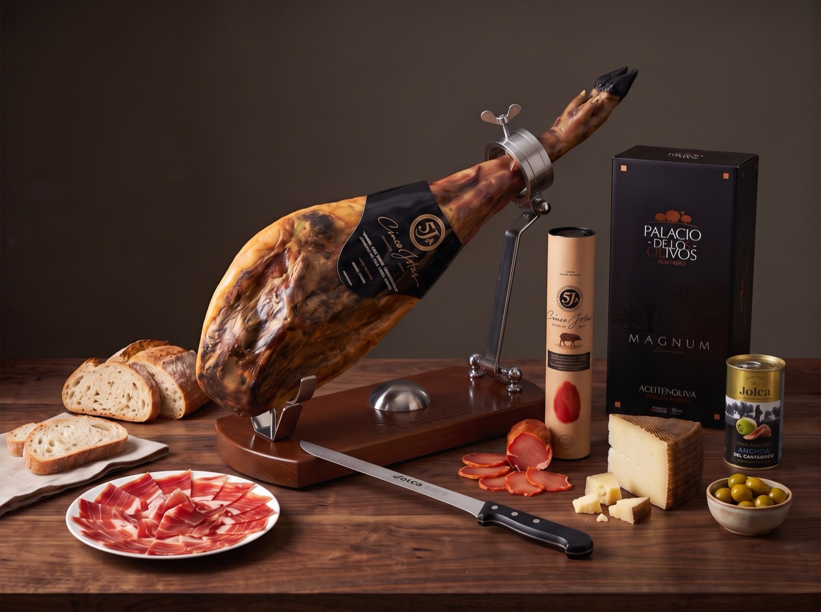 Cinco Jotas Grand Ham Box with Stand & Knife Cinco Jotas Ibérico de Bellota ham on a folding ham stand with 5J lomo, olive oil gift case, Manchego and anchovy-stuffed olives