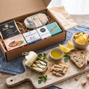 Galician tinned fish gift box with six Spanish conservas, bread, lemon and olive oil