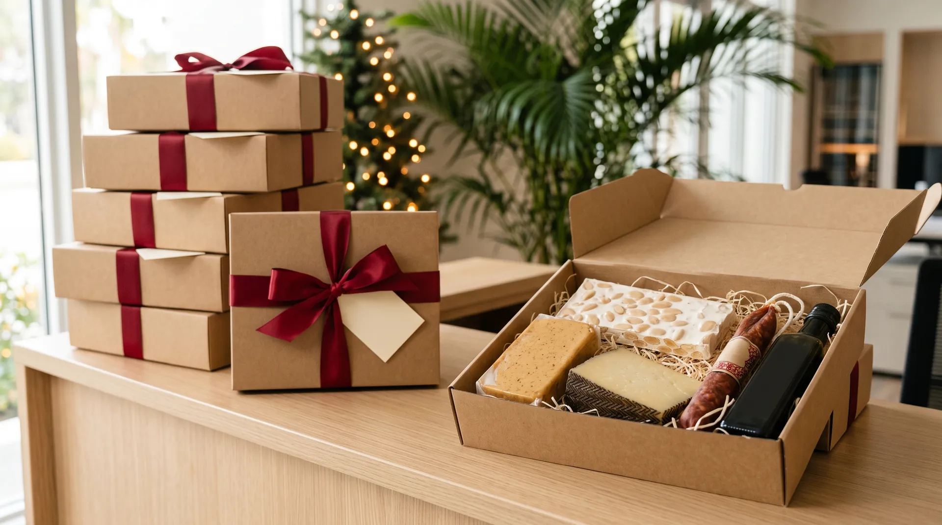 Corporate Gifts · Spanish ham for clients and teams Kraft Christmas gift boxes with red ribbon on an office desk, one open with turrón, Manchego, chorizo and olive oil