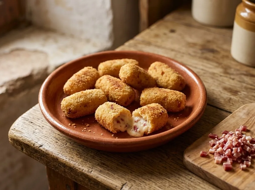 What to Do With a Ham Bone: The Spanish Way Homemade croquetas de jamón, one broken open to show the creamy béchamel, with diced jamón beside them