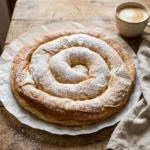 Handmade Ensaimada, Mallorcan Spiral Pastry (Made to Order) Handmade ensaimada mallorquina, a wide spiral of flaky golden coils lightly dusted with powdered sugar, on baking paper on a wooden kitchen table with a cup of café con leche