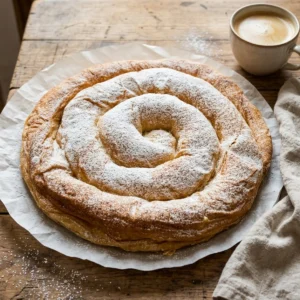 Handmade ensaimada mallorquina, a wide spiral of flaky golden coils lightly dusted with powdered sugar, on baking paper on a wooden kitchen table with a cup of café con leche