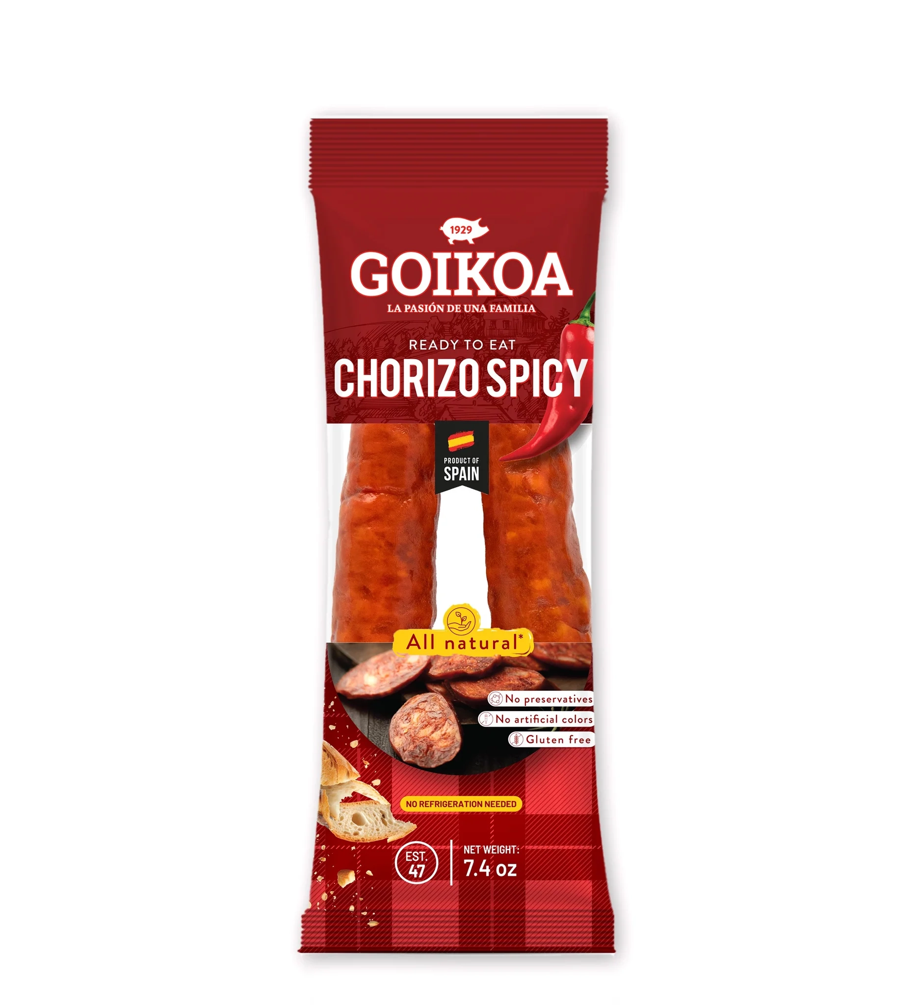 Goikoa Spicy Chorizo (Very Mild), 7.4 oz Goikoa chorizo sarta, very mild spicy horseshoe chorizo, 7.4 oz