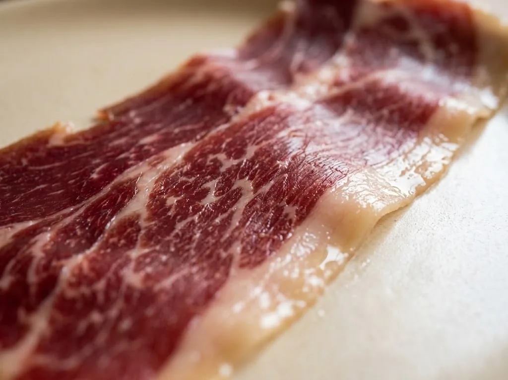 Jamón Ibérico vs Serrano vs Bellota: What's the Difference? Close-up of a thin slice of Ibérico de bellota ham with fine marbling and glistening fat
