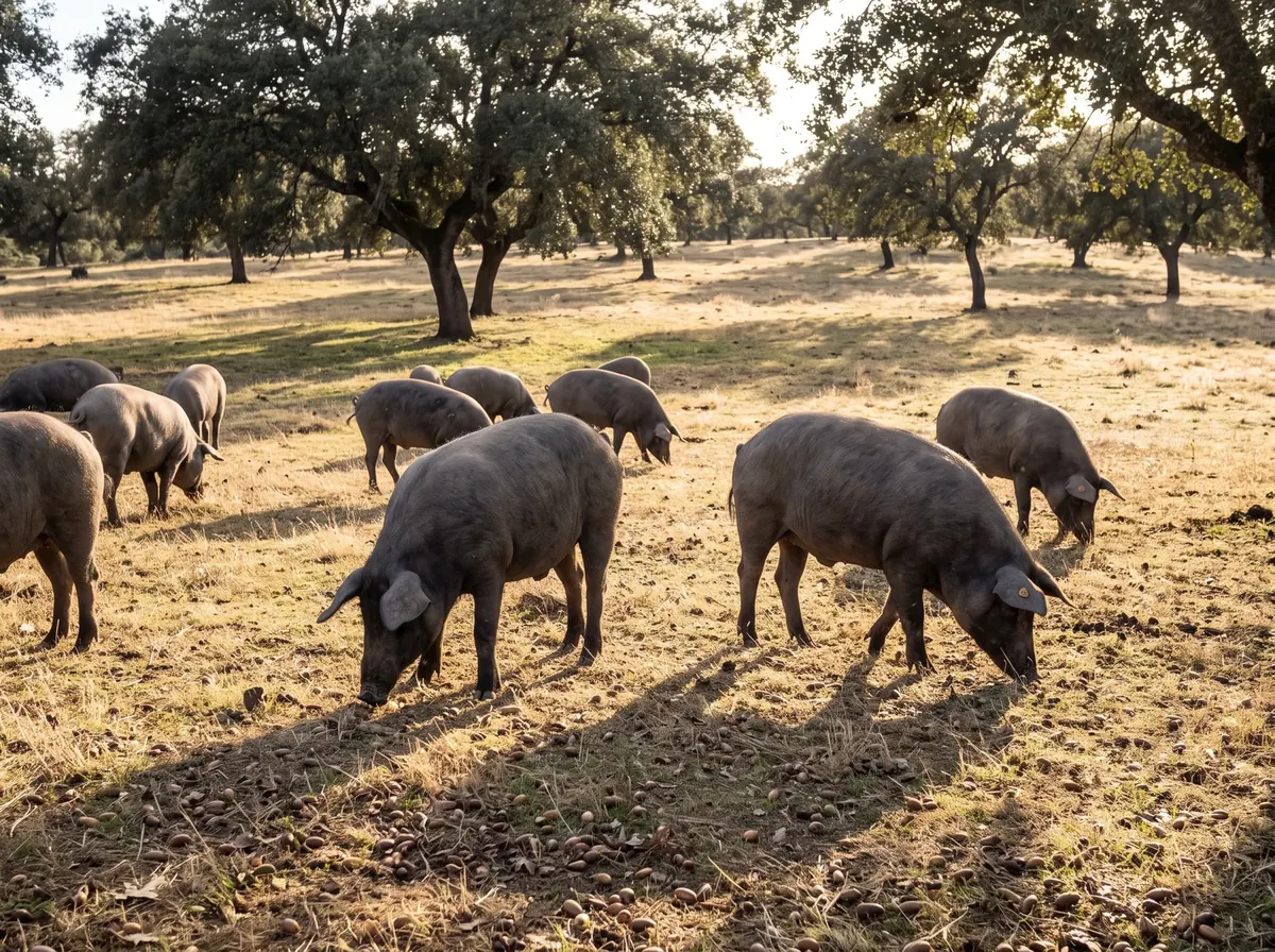 Jamón Ibérico vs Serrano vs Bellota: What's the Difference? Ibérico pigs eating acorns under holm oaks in the Spanish dehesa, the diet behind jamón ibérico de bellota