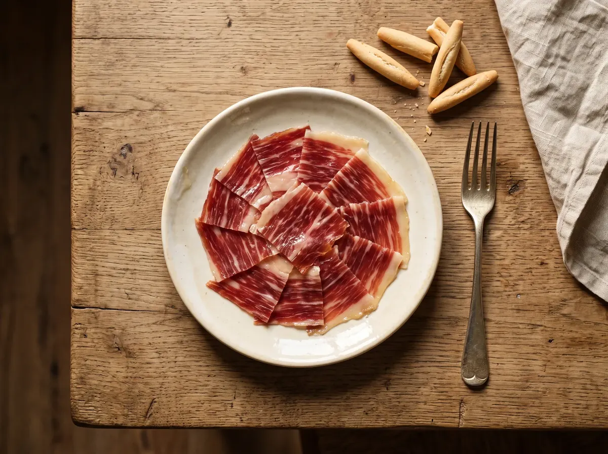 A 2 oz tapa portion of hand-carved jamón on a small plate next to a fork for scale