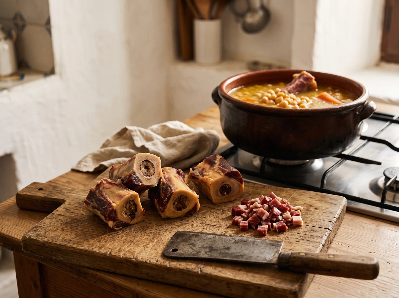 What to Do With a Ham Bone: The Spanish Way Pieces of a sawn, cured jamón bone and diced ham on a wooden board, with a pot of Spanish chickpea stew on the stove behind