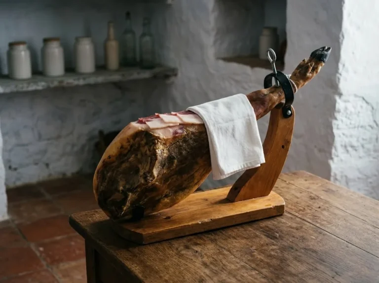 Jamón on its stand with the cut face covered by slices of its own white fat and a cotton cloth in a cool pantry