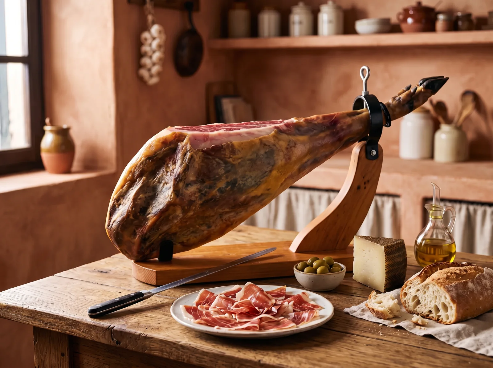 Jamón ibérico on a wooden ham stand with an open carving face and a plate of hand-carved slices in a Spanish kitchen
