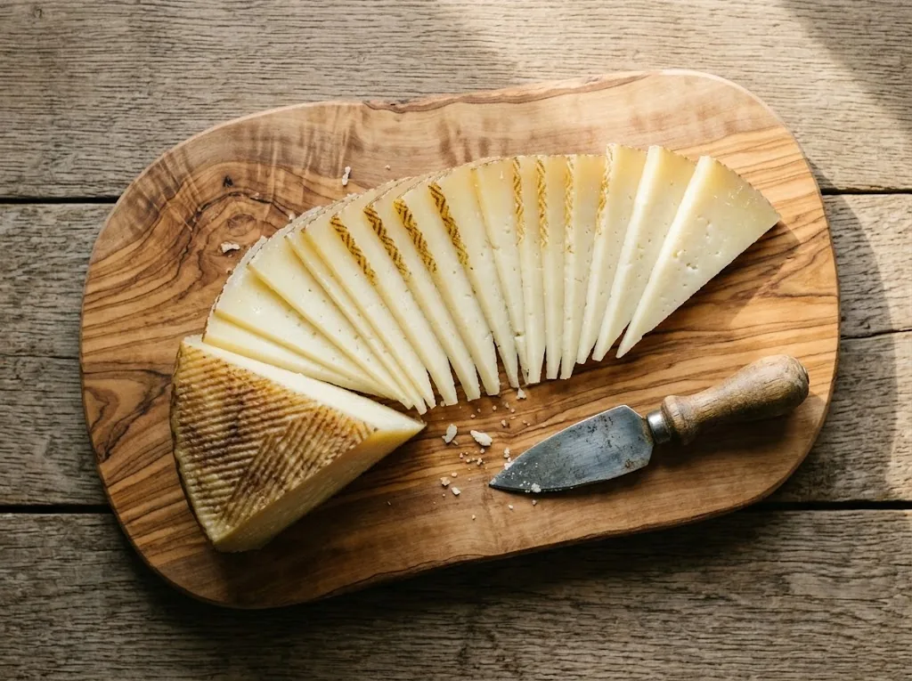 Manchego Cheese Guide: Ages, DOP, How to Serve and Pair Manchego wedge cut into thin triangles on an olive wood board, the traditional way to serve it