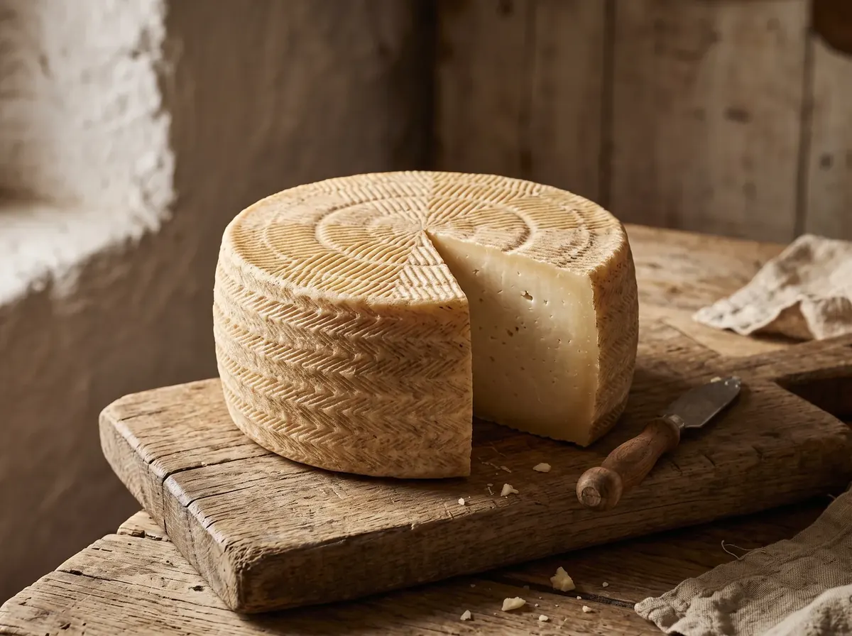 Manchego Cheese Guide: Ages, DOP, How to Serve and Pair Manchego cheese wheel with the woven zigzag rind pattern and flower mark that identify real Manchego