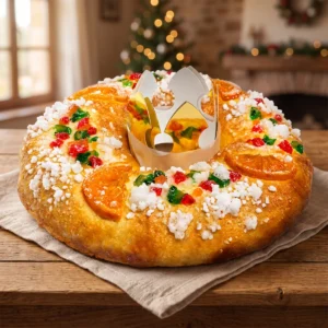 Handmade Roscón de Reyes with candied fruit, candied orange and crunchy bakery sugar on a wooden table at Christmas
