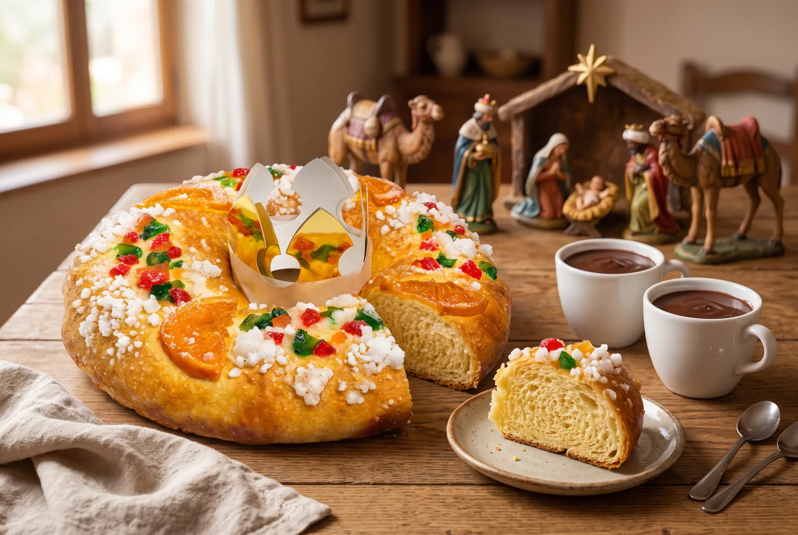 Roscón de Reyes on Three Kings Day morning with cups of Spanish hot chocolate and a nativity scene