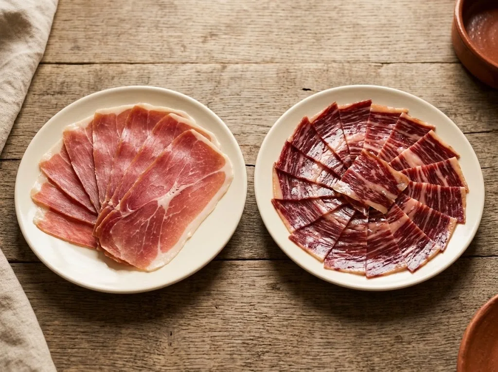 About Spain at Home Serrano ham slices next to Ibérico de bellota slices on two matching plates to compare color and marbling