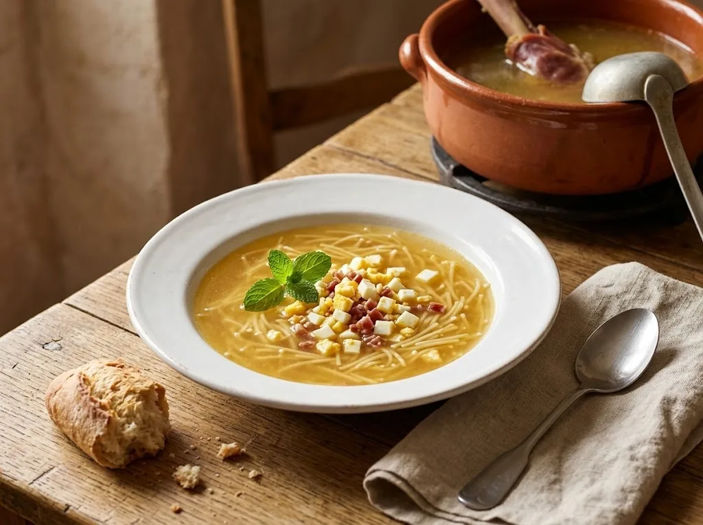 What to Do With a Ham Bone: The Spanish Way Sopa de picadillo: golden ham-bone broth with thin noodles, chopped egg and diced jamón, with the bone in the pot behind