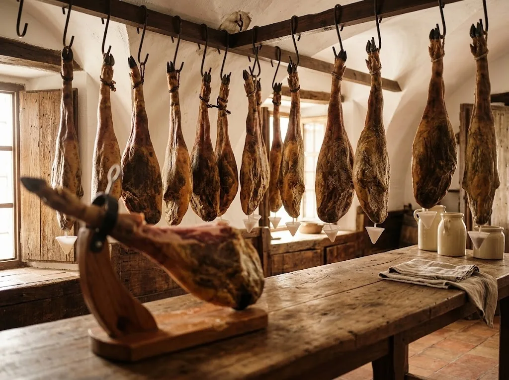 Whole cured Spanish hams hanging in a traditional jamón shop, ready to choose by grade and size