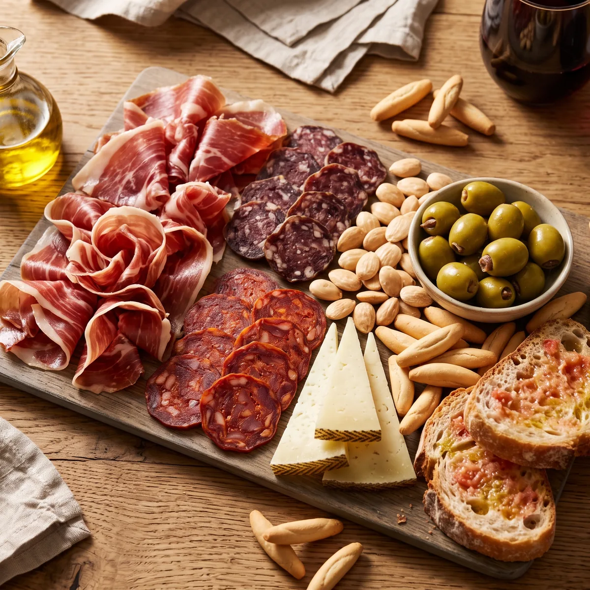 Spanish tapas board with olives, jamón and Manchego