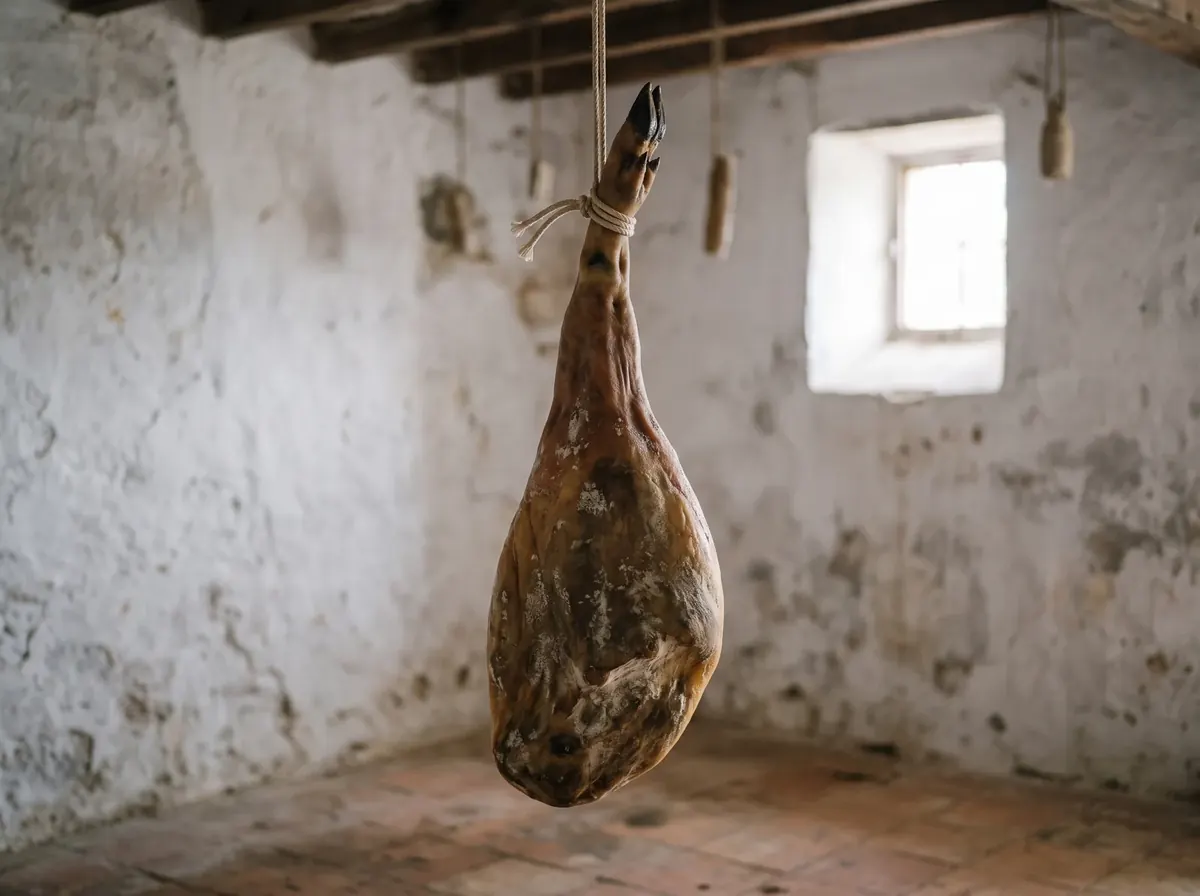 How to Store a Whole Spanish Ham Once Opened Uncut whole Spanish ham hanging by a cord from a beam in a cool, dim cellar