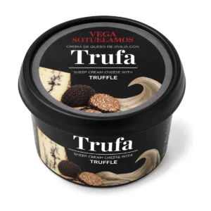 Vega Sotuélamos Trufa, black tub of sheep cream cheese with truffle